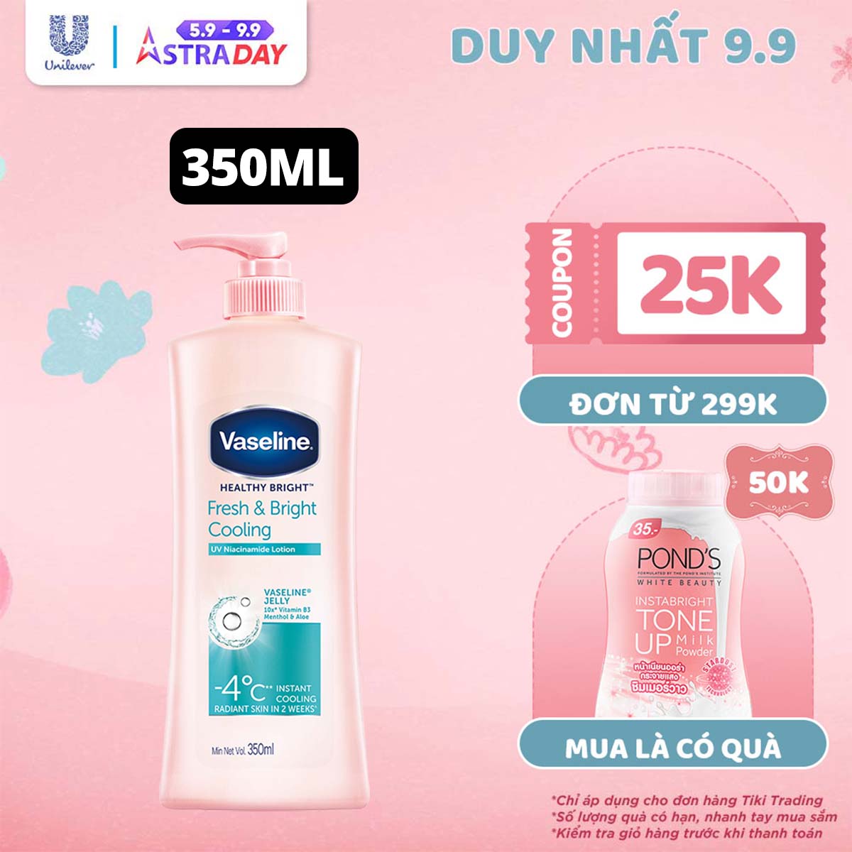 Sữa Dưỡng Thể 350Ml Vaseline Dưỡng Ẩm Sáng Da Fresh &amp; Bright 10X Niacinamide Giúp Da Sáng Khỏe Mịn Căng Tinh Chất Menthol Mát Lạnh Như Tuyết Tan Trên Da