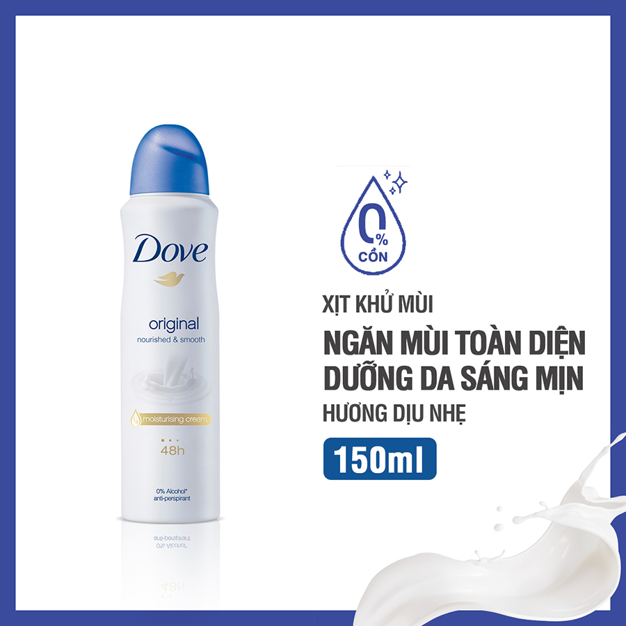 Xịt khử mùi Dove Original Nourished &amp; Smooth Hương dịu nhẹ Dưỡng da Sáng mịn dành cho nữ, 150ml