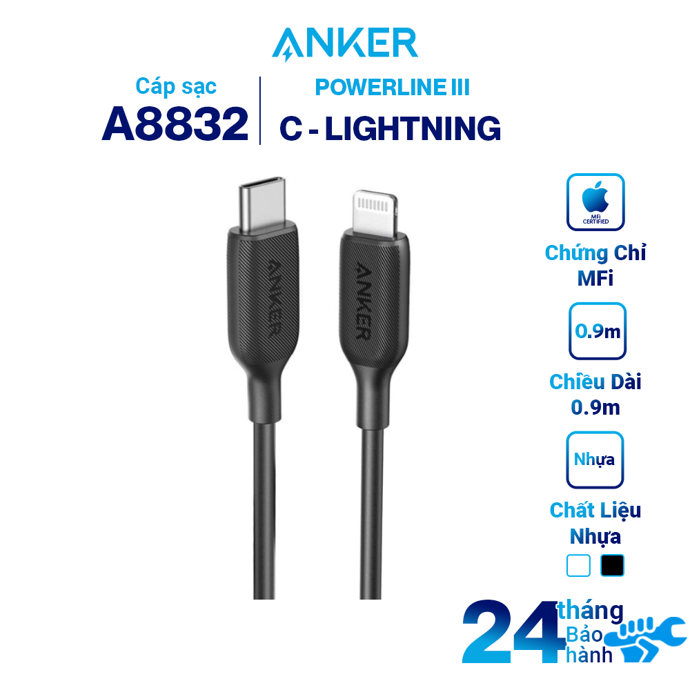 Cáp Anker PowerLine III USB-C to Lightning, 0.9m Hàng chính hãng- A8832