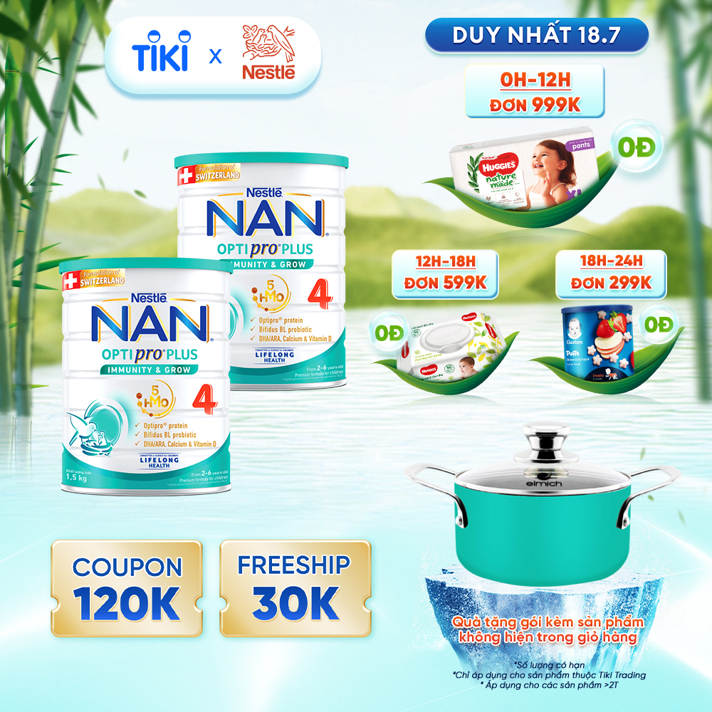 Combo 2 Sữa Bột Nestlé NAN OPTIPRO PLUS 4 1500g/lon với 5HMO Hỗ Trợ Đề Kháng - Tiêu Hóa - Trí Não &amp; Chiều Cao - Tặng Nồi Elmich