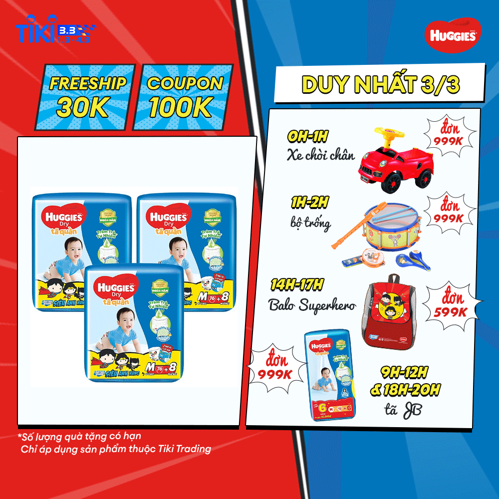 Combo 3 Tã Quần Huggies Dry Tràm Trà Tự Nhiên Gói Cực Đại + Tặng 8 miếng - Phiên bản Siêu Anh Hùng