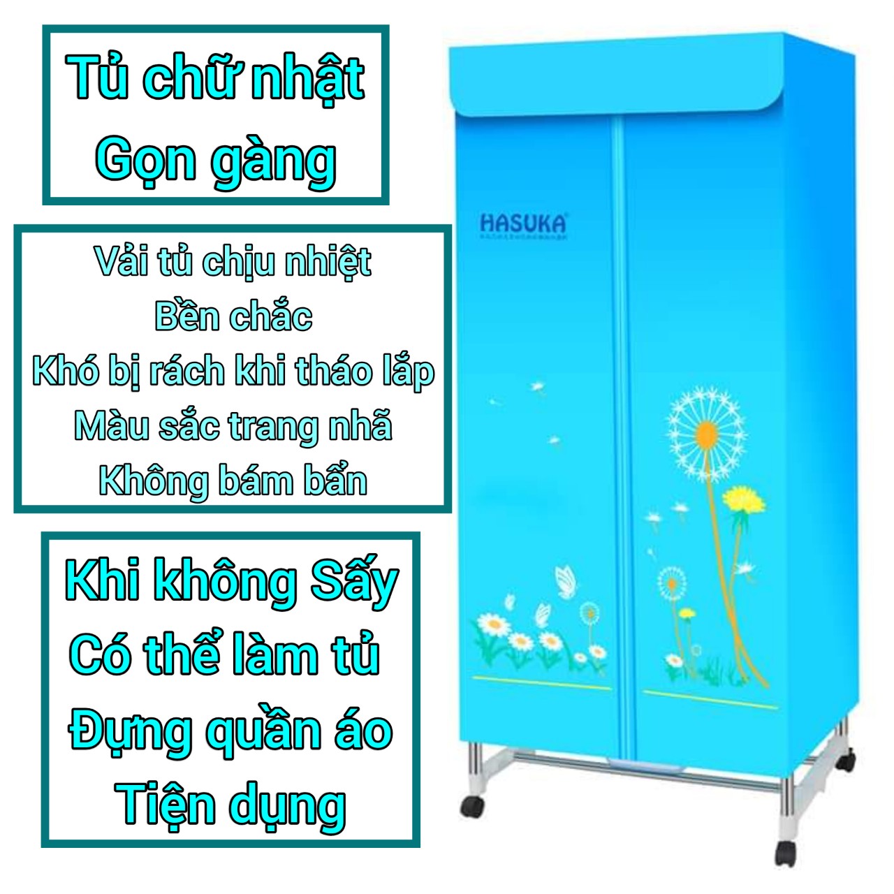 Tủ, Máy  Sấy Quần Áo 2 Tầng, Máy Sưởi Phòng Mùa Đông, Công suất 1200W, Inox304, Vải Chịu Nhiệt, Hasuka HSK 115 - Hàng Chính Hãng