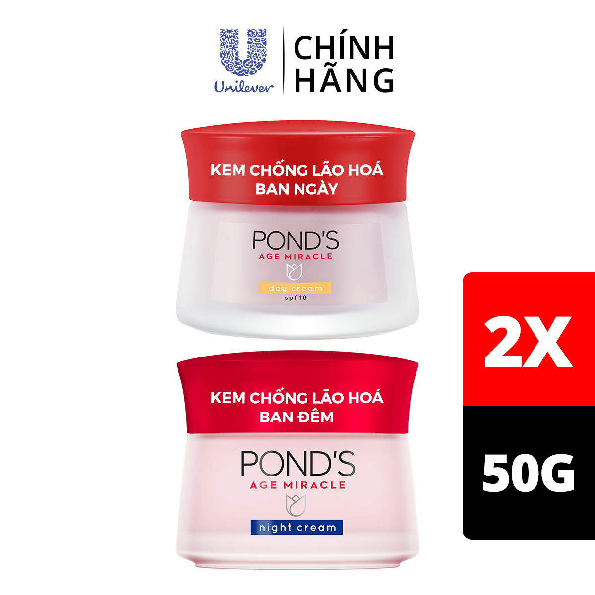 Bộ Đôi Kem Dưỡng Chống Lão Hóa Da Ngày Và Đêm Pond's Age Miracle (50g/hũ)