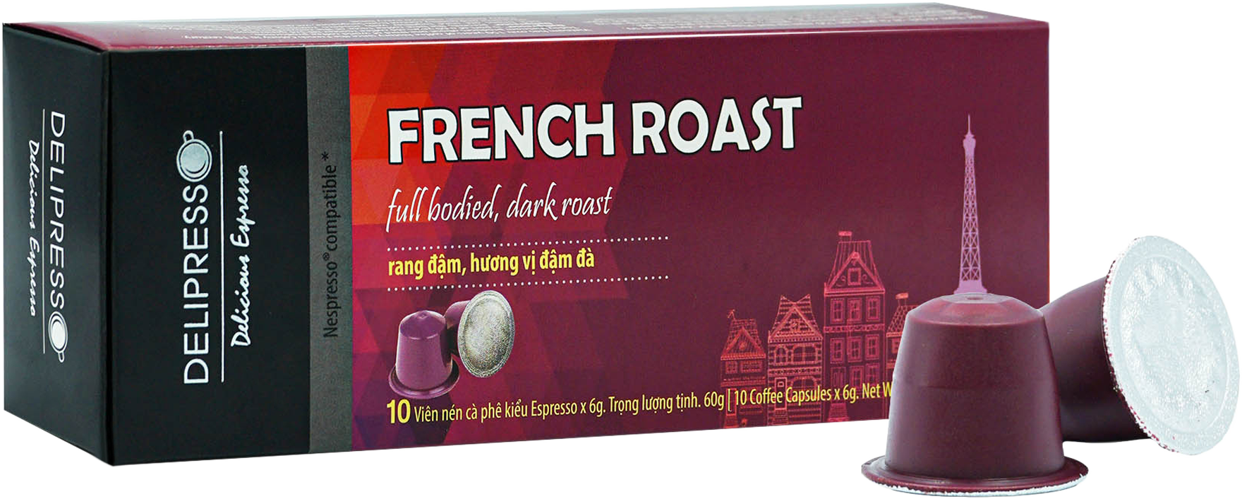 Cà phê Delipresso French Roast 80 viên x 6g - Cà phê viên nén Delipresso French Roast - Viên nén cà phê - Cà phê pha máy - Phương Vy Coffee - Phương Vy