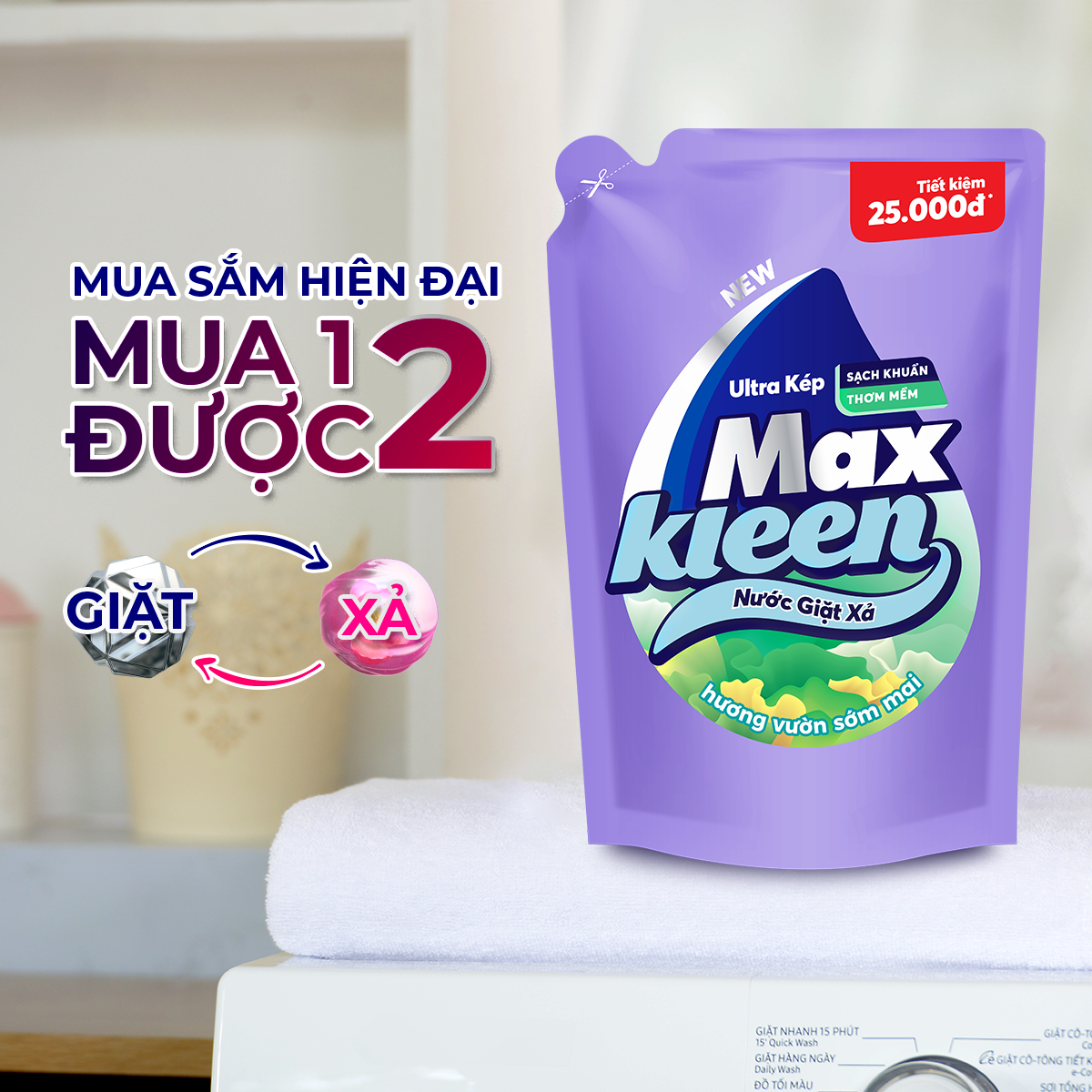 Túi Nước Giặt Xả MaxKleen Hương Vườn Sớm Mai Sạch Khuẩn Thơm Mềm Tiện Lợi & Tiết Kiệm 2.4KG