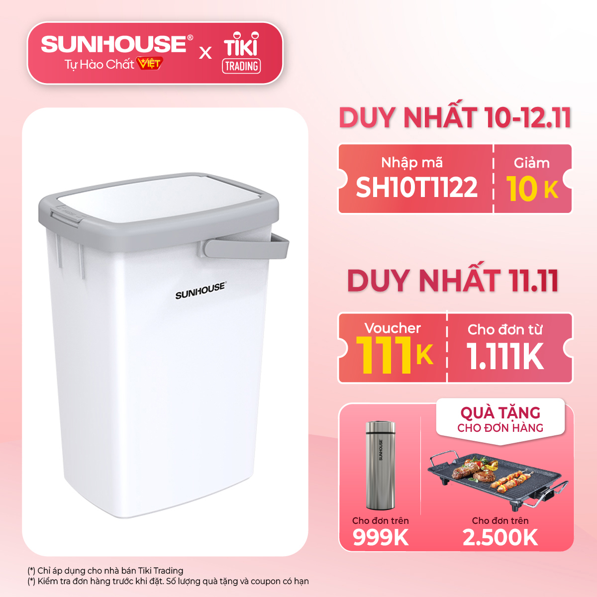 Thùng rác chữ nhật nắp bấm Sunhouse KS-TR12LP