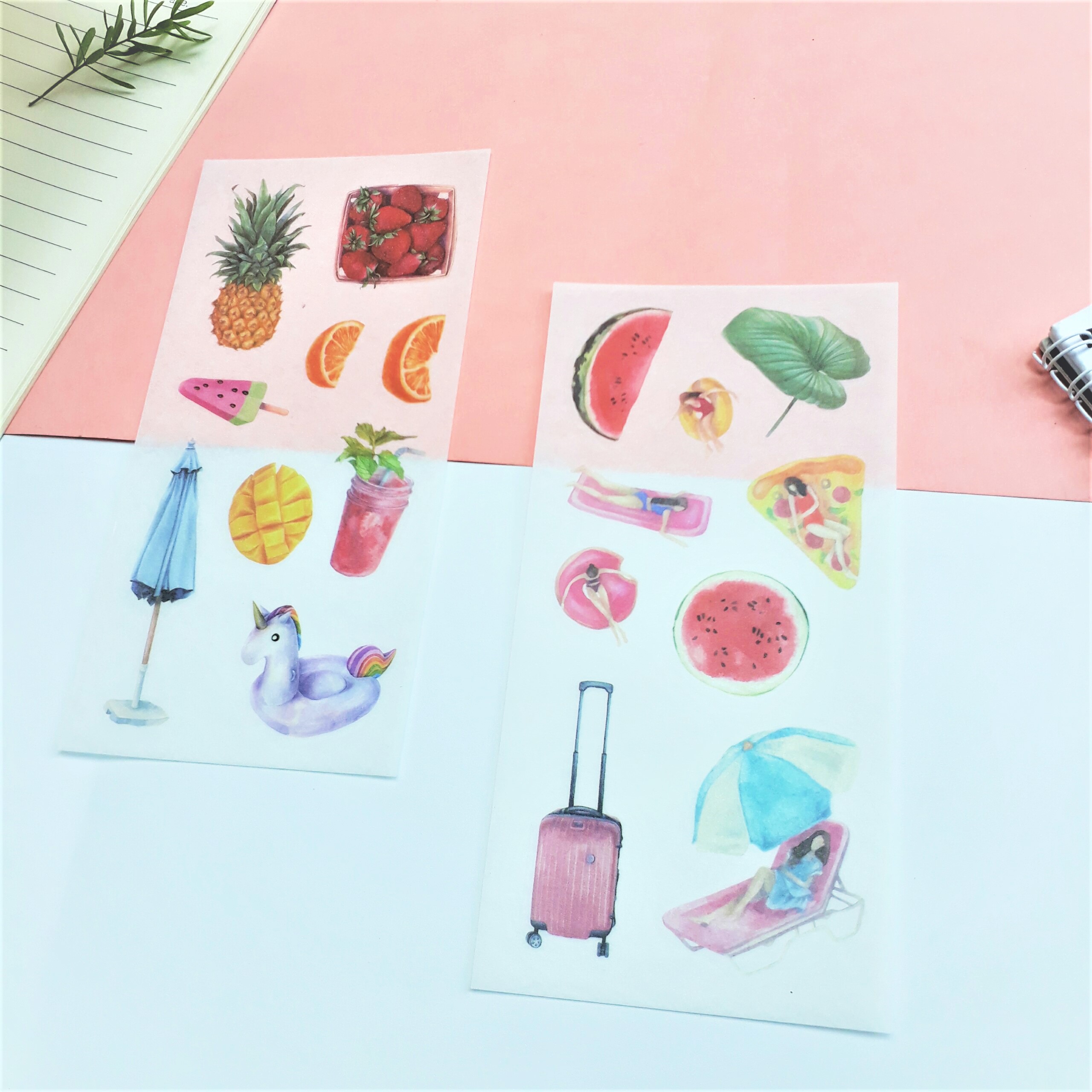 Combo 2 Bộ 6 Tấm Sticker Dán Trang Trí - To Beach Và Trái Cây