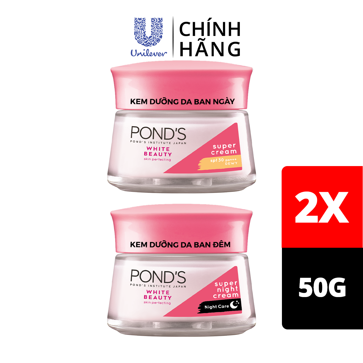 (Mẫu mới) Bộ Đôi Kem Dưỡng Da Ngày Và Đêm Trắng Hồng Rạng Rỡ Pond's White Beauty (45g)