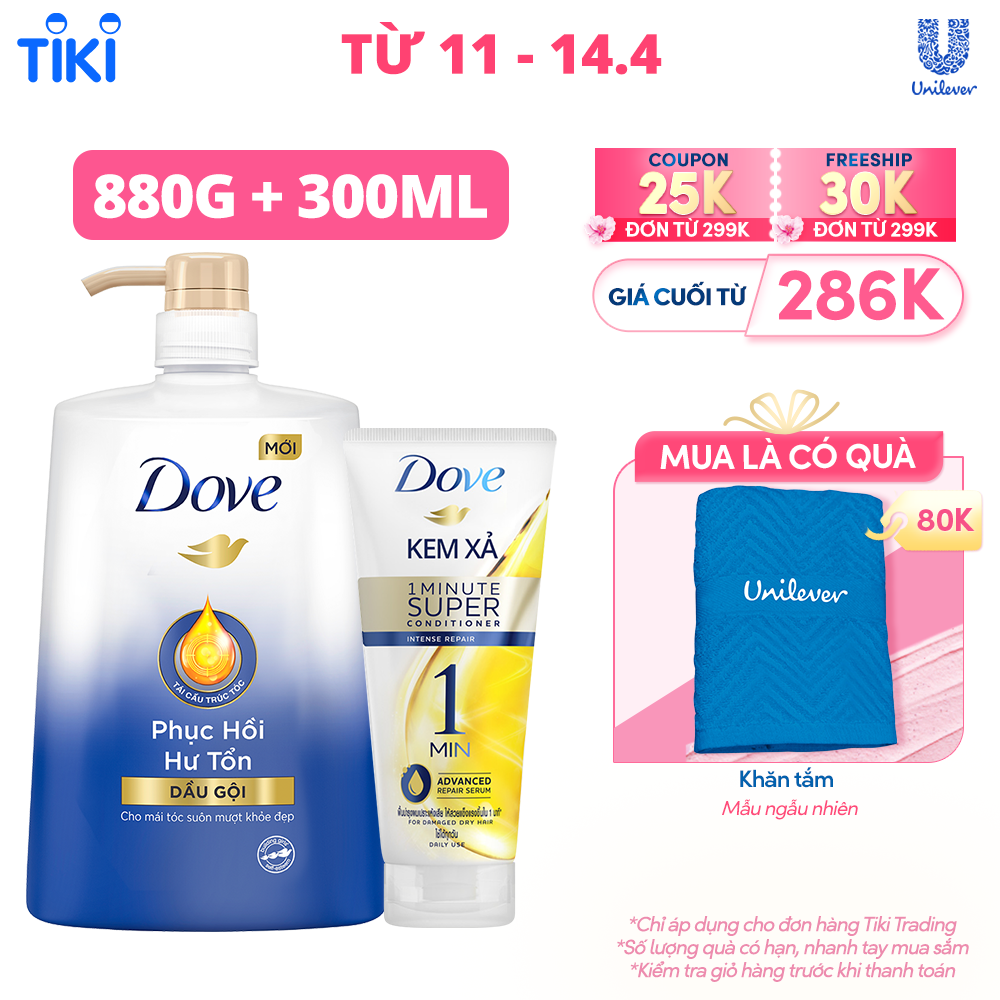 Combo Dầu gội và Kem xả DOVE Phục Hồi Hư Tổn Tinh Chất Serum cao cấp dưỡng tóc khỏe đẹp 880g, 300ml