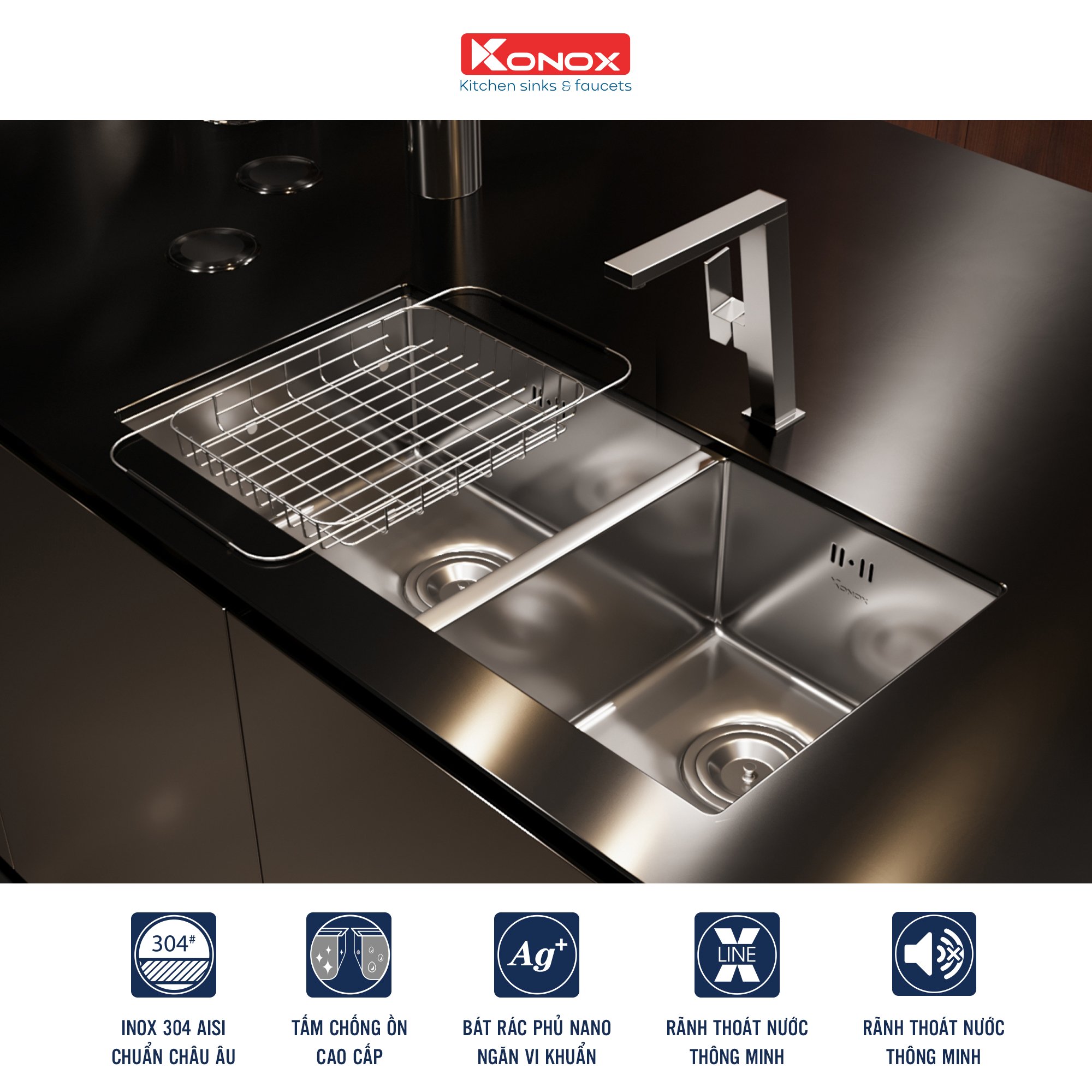 Chậu rửa bát Konox, Undermount Series, Model KN7544DUB, Inox 304AISI tiêu chuẩn châu Âu, 750x440x220(mm), Hàng chính hãng