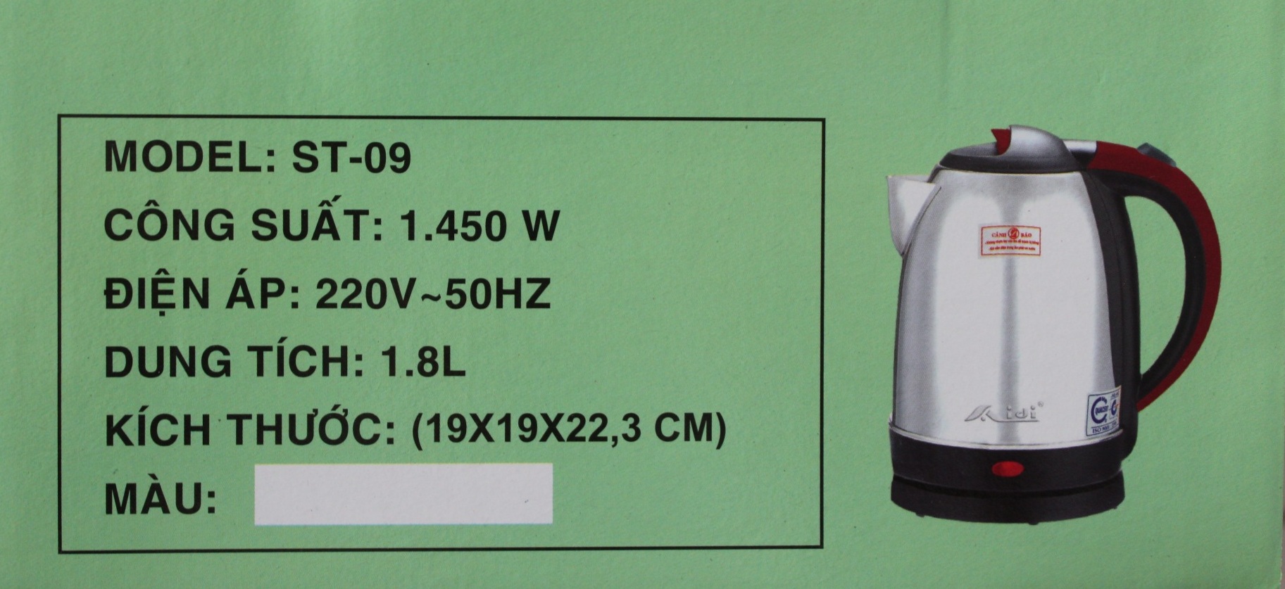 Ấm điện siêu tốc Aidi 304 ST-09 (1.8 lít) - Màu Ngẫu Nhiên - Hàng Chính Hãng