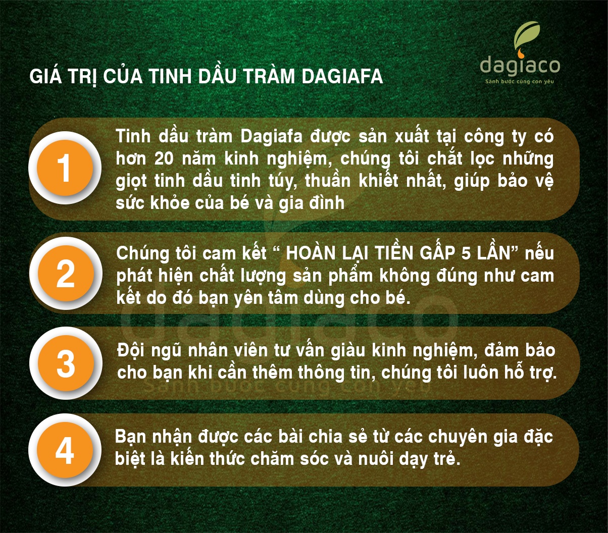 TINH DẦU TRÀM DAGIAFA - SẢN PHẨM ĐƯỢC BÌNH CHỌN THƯƠNG HIỆU XUẤT SẮC 3 MIỀN 2019 - DÙNG CHO BÉ TỪ 1 THÁNG TUỔI - PHÙ HỢP THOA, PHA NƯỚC TẮM VÀ XÔNG PHÒNG