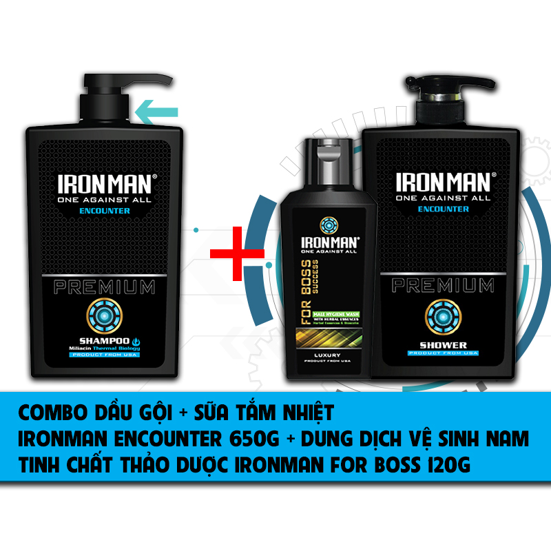 Combo dầu gội + Sữa tắm nhiệt Ironman Encounter 650g + Dung dịch vệ sinh nam tinh chất thảo dược Ironman for Boss 120g