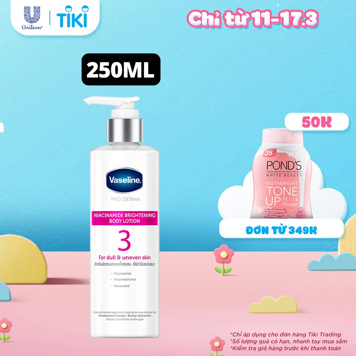 Sữa dưỡng thể 250ml Vaseline Pro Derma số 3 dưỡng sáng da với Niacinamide