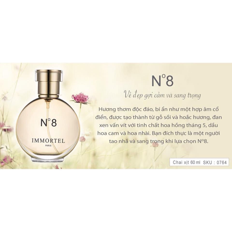 Nước hoa nữ IMMORTEL PARIS No8 Eau De Parfum 60ml- Với hương gỗ sồi , hoa nhài và hoắc hương