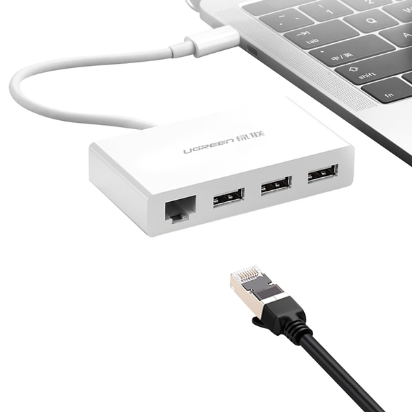 Cáp chuyển đổi USB-C Sang 3 cổng USB 3.0 + 1 cổng Lan 10/100Mbps Vỏ nhựa dài 15cm màu Trắng Ugreen TC40382US237 Hàng chính hãng.