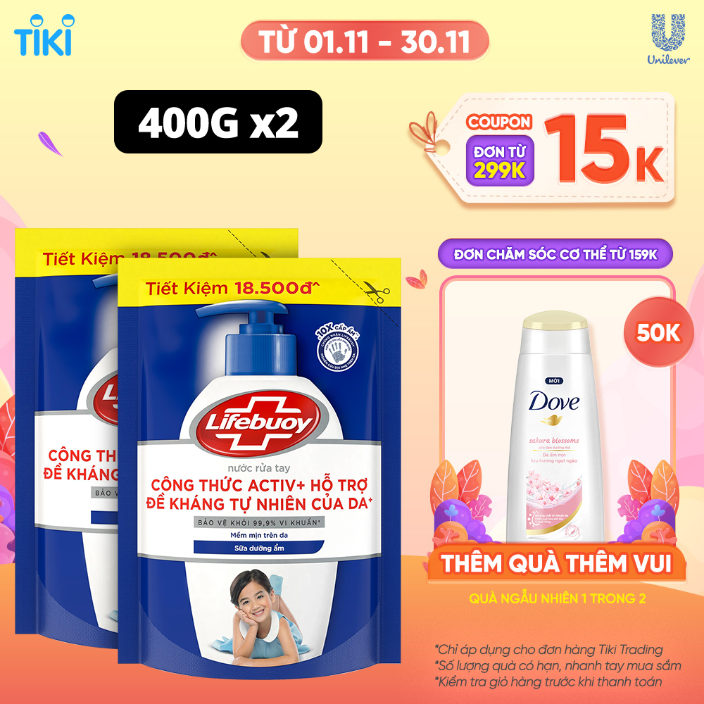 Combo 2 Nước rửa tay Lifebuoy sữa dưỡng ẩm túi 400g