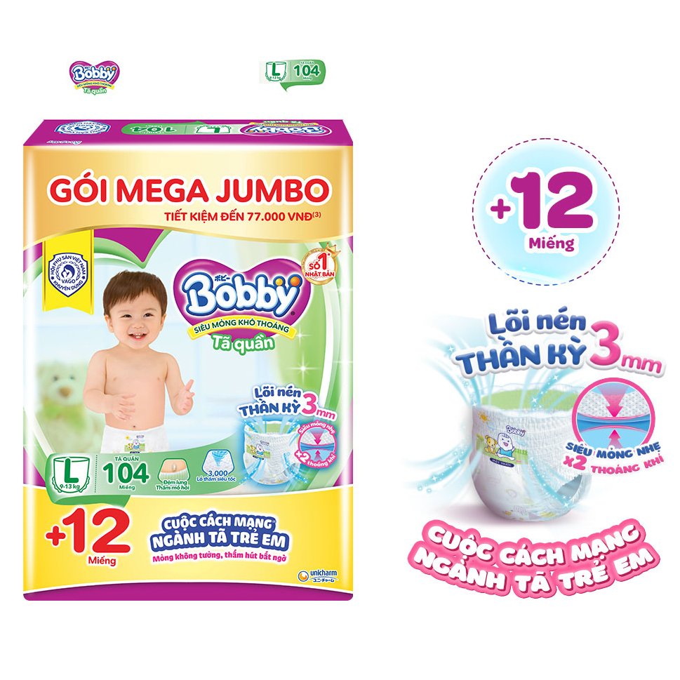 Tã quần Bobby Mega Jumbo L104 - Lõi nén thần kì 3mm - Siêu mỏng khô thoáng bất ngờ - Tặng thêm 12 miếng