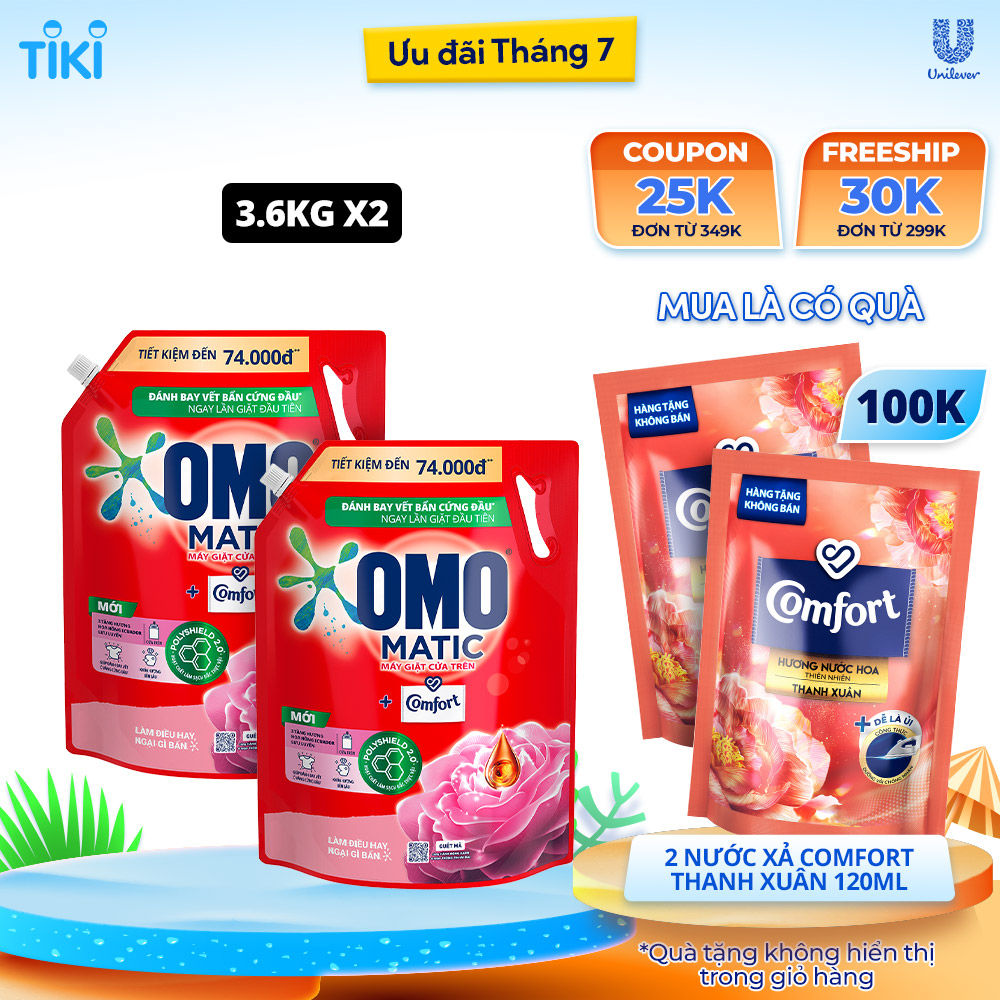 Combo 2 túi Nước giặt OMO Matic Comfort Hương Hoa Hồng Ecuador cho máy giặt cửa trên, túi 3.6kg + 2 Nước Xả Comfort 120ml Ngẫu Nhiên