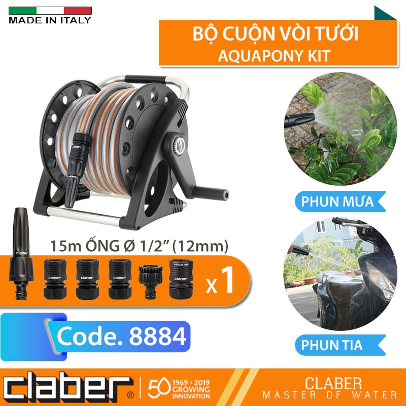 Bộ Vòi Tưới Cây, Vòi Rửa Xe Claber Aquapony Kit 8884, 15 mét, vòi xịt 2 chế độ, 4 khớp nối nhanh, 1 đầu nối vòi nước