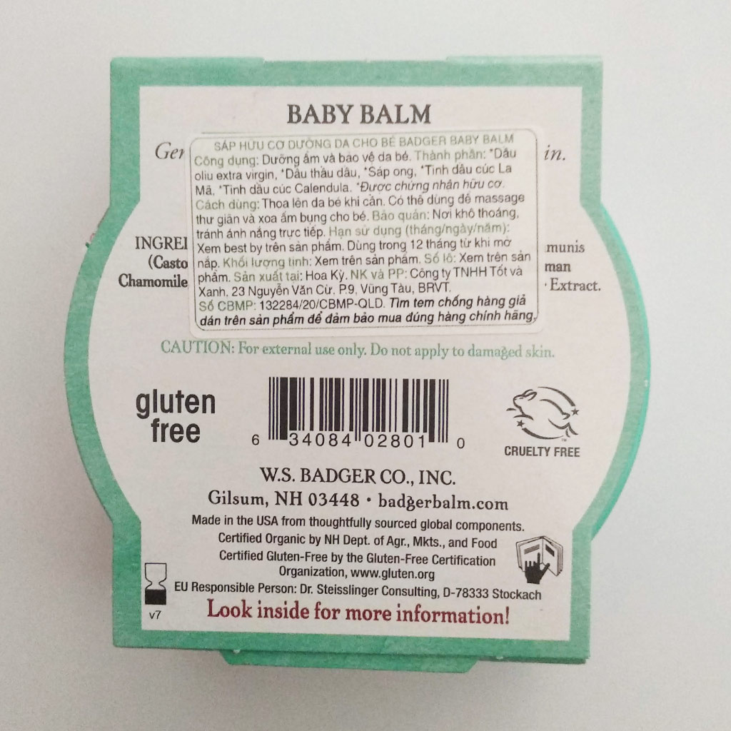 Sáp Hữu Cơ Dưỡng Da Cho Bé Badger Baby Balm - Dưỡng ẩm và bảo vệ da bé, chứng nhận USDA Organic - 2oz (56g)