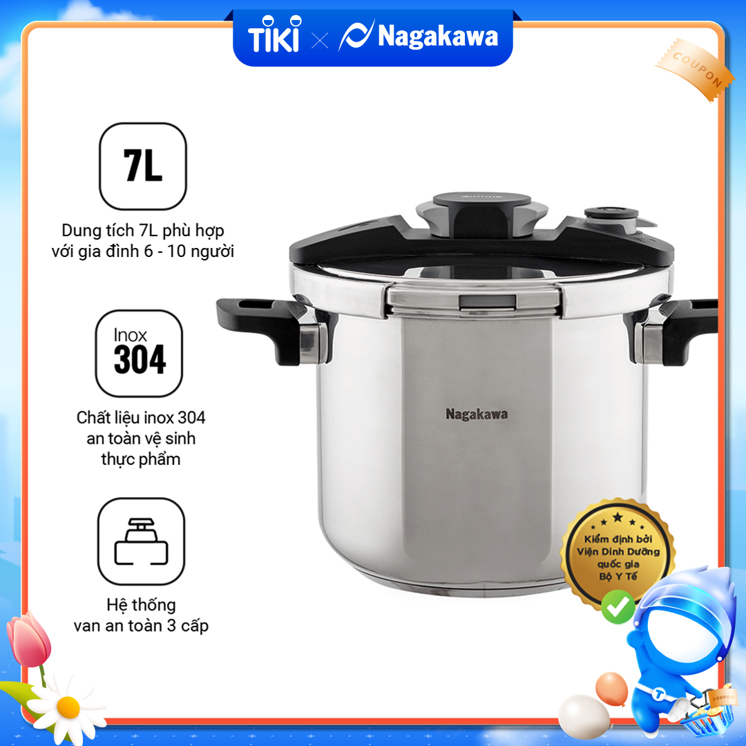 Nồi Áp Suất Cơ Đáy Từ Nagakawa NAG1472 (7L) - Lòng Nồi Inox 304, Van Kép 3 Cấp An Toàn