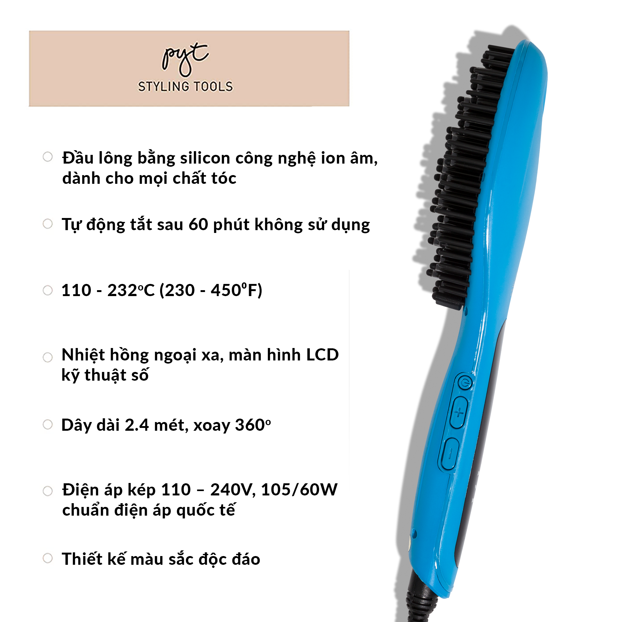 Lược Điện Tạo Kiểu Tóc PYT Thermal Styling Brush - Màu Xanh - Có Thể Duỗi Và Làm Phồng Chân Tóc Với Công Nghệ Ion Âm Và Nhiệt Hồng Ngoại Xa