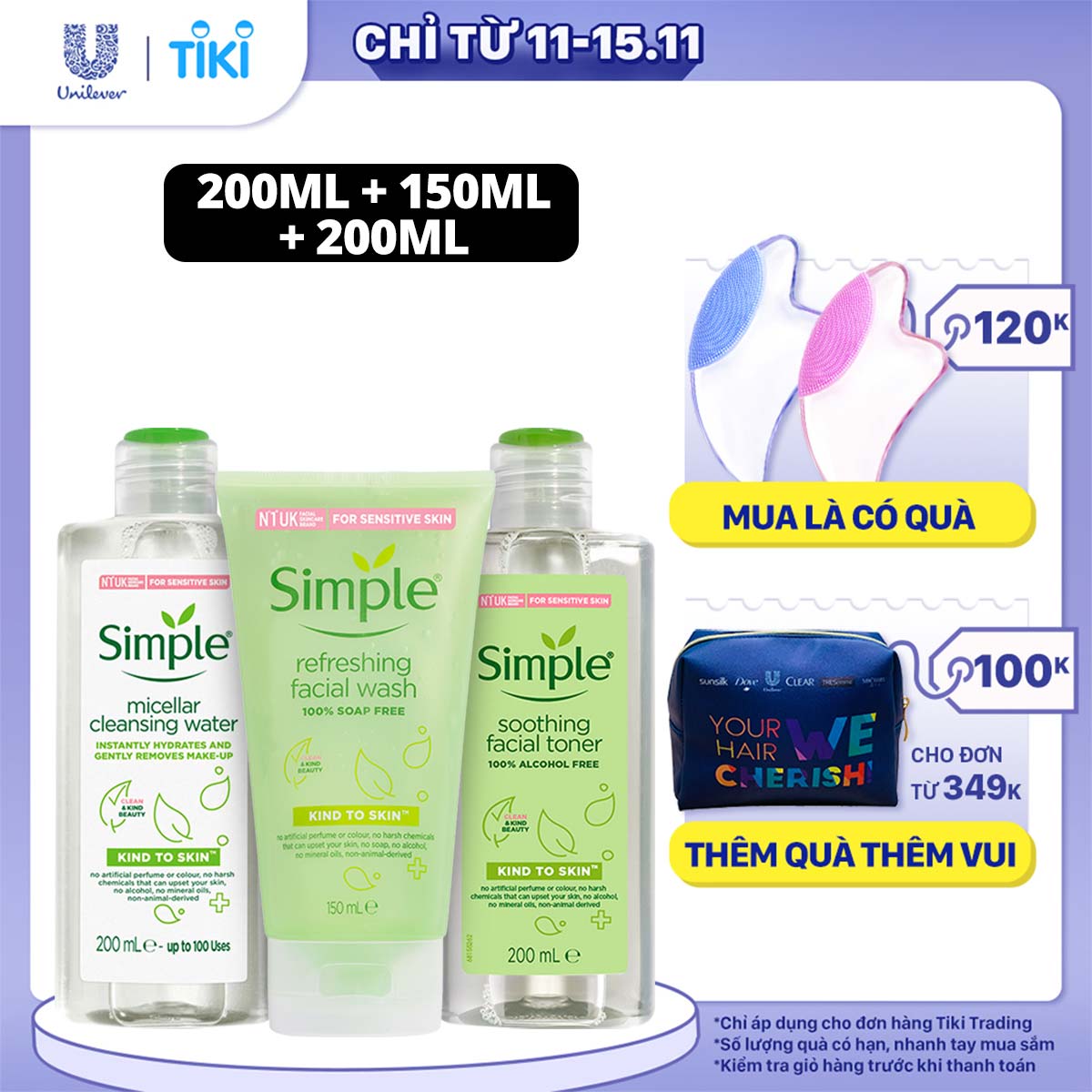 Combo Simple Tẩy trang Micellar 200ml + Sữa rửa mặt 150ml + Nước hoa hồng Toner 200ml cho da sạch khỏe đàn hồi [Chính hãng độc quyền]