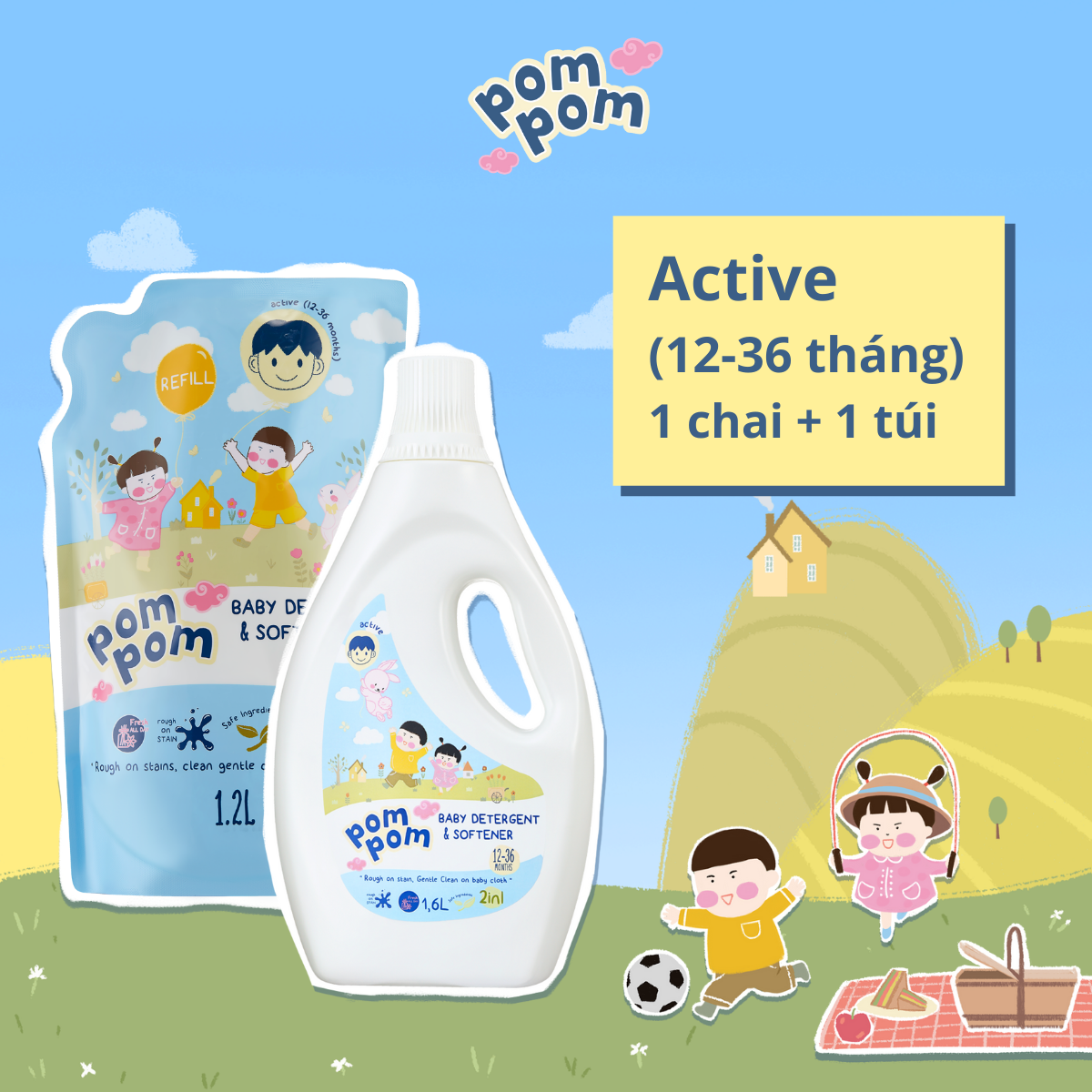 Combo 01 Túi 1.2L + 01 chai 1.6L - Nước Giặt xả Pom Pom Active Sạch Khuẩn Khử Mùi (12 -36 tháng)