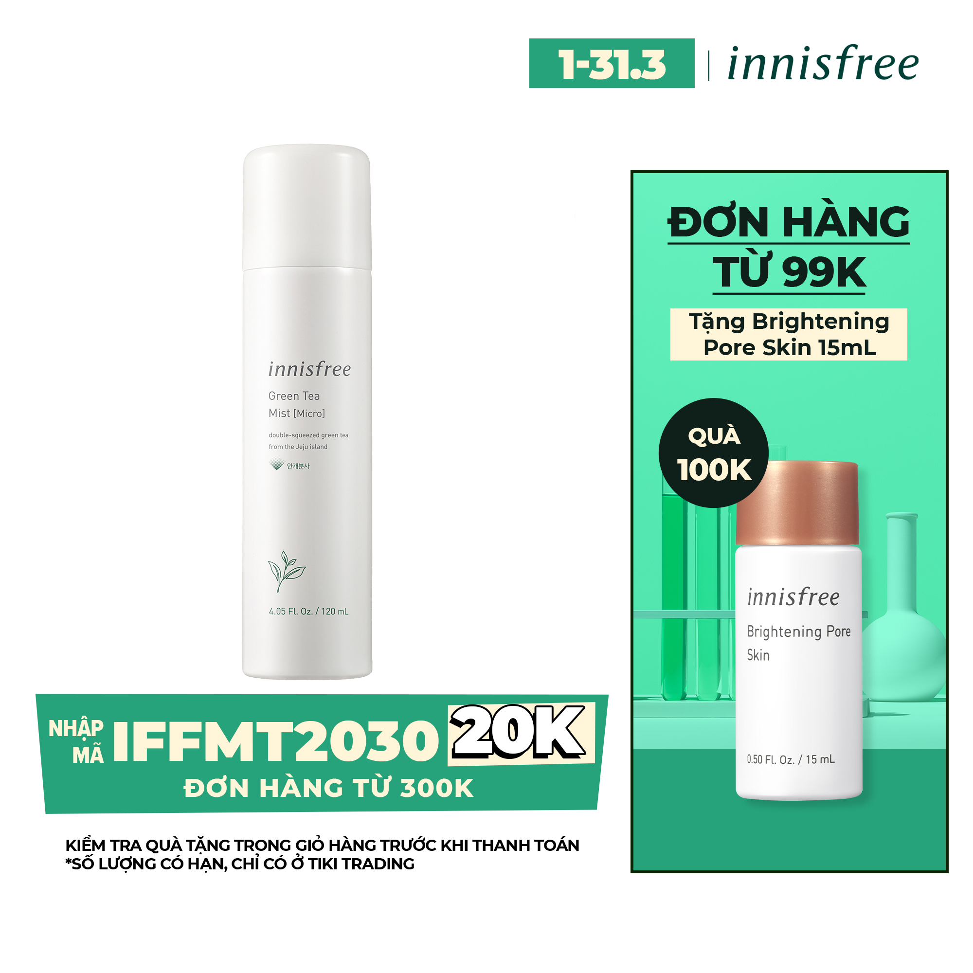 Xịt khoáng dưỡng ẩm phun sương siêu mịn từ trà xanh đảo Jeju Innisfree Green Tea Mist Micro 120ml - NEW