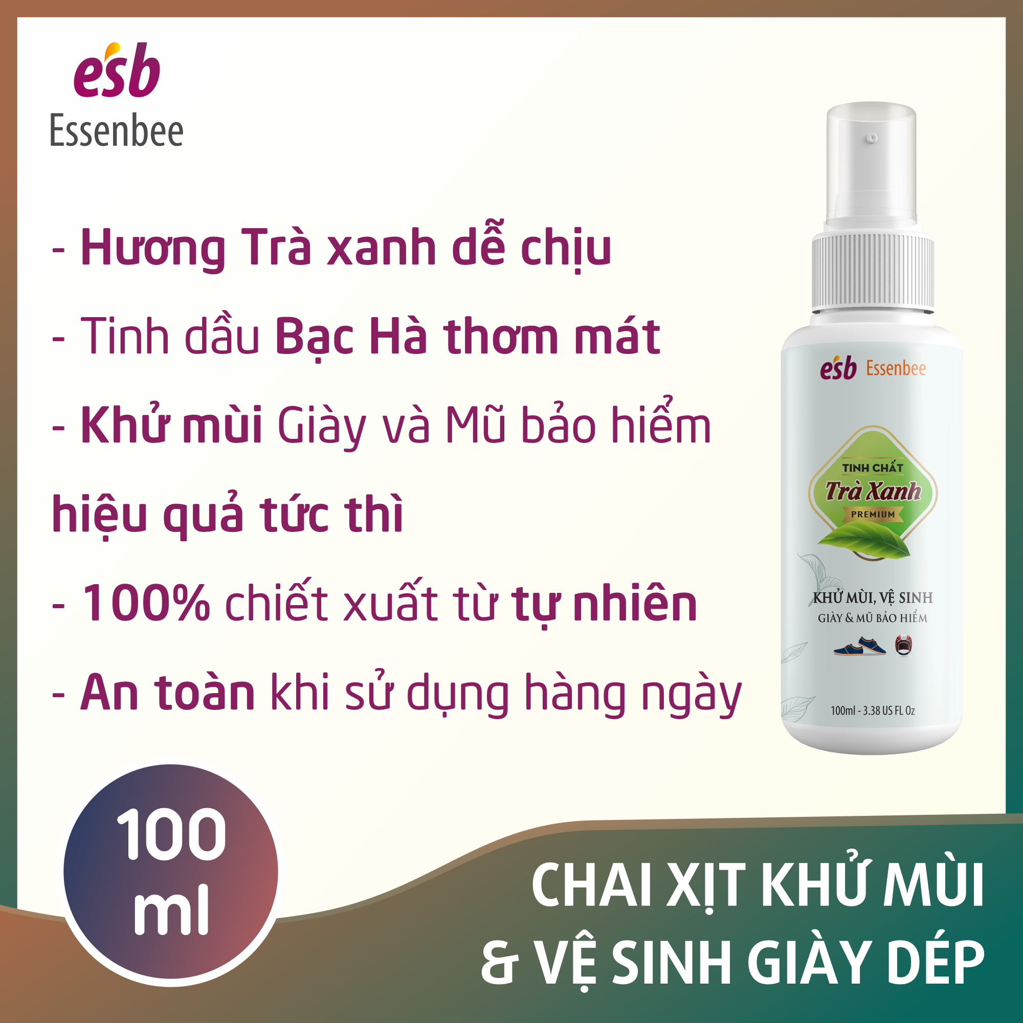 Chai xịt khử mùi giày Hương Trà Xanh - Essenbee - 100ml. Giúp vệ sinh và khử mùi giày dép hiệu quả.