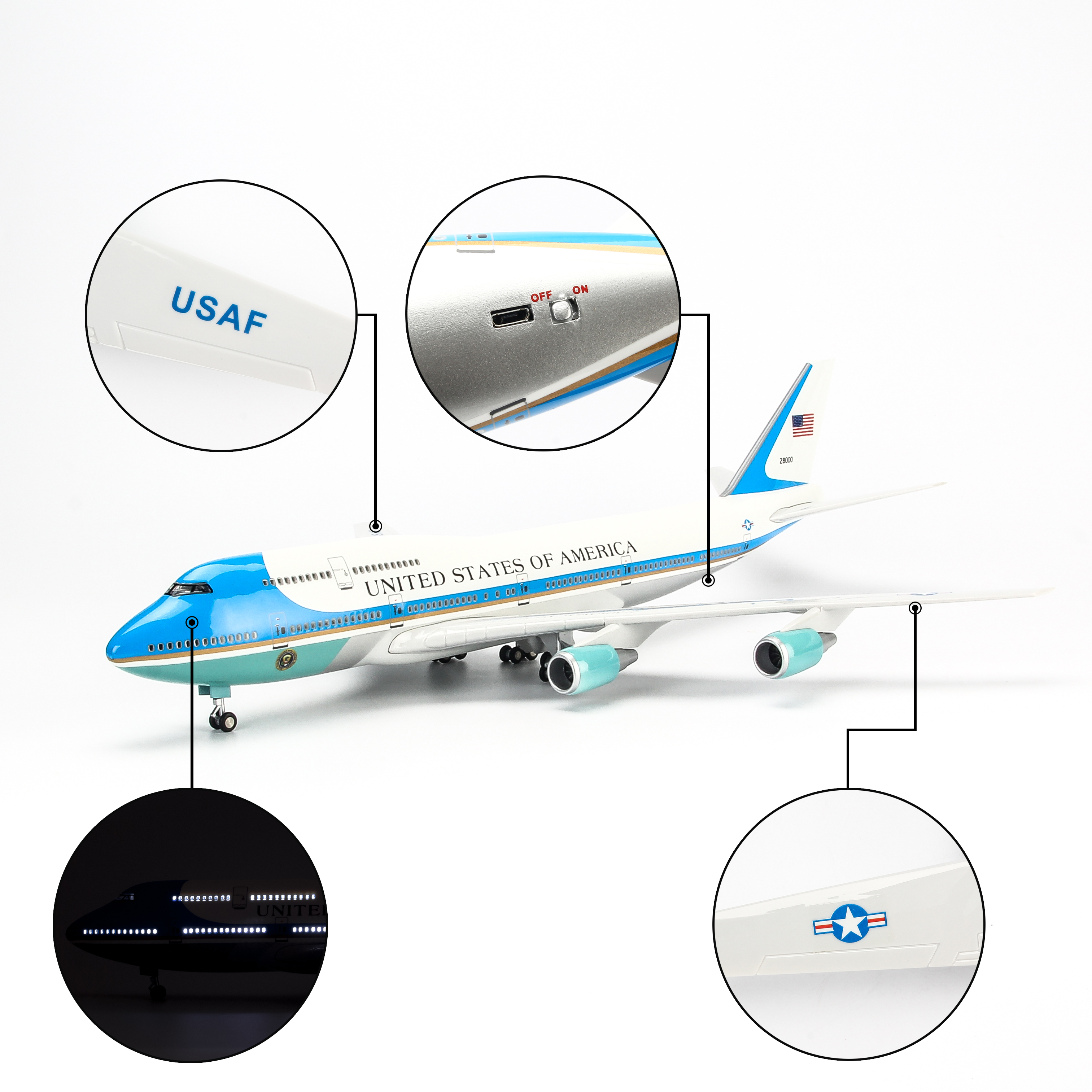 Mô hình máy bay B747 Air Force One 47cm-Trắng,Xanh