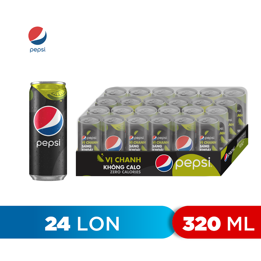 Thùng 24 Lon Nước Uống Có Gaz Pepsi Vị Chanh Không Calo (320ml/Lon)