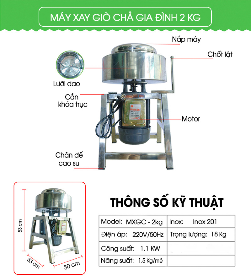 Máy Xay Giò Chả Mini 2 Kg/Mẻ, Inox 201, Công suất 1100W, Chân vuông, Có Khoang Chứa Đá