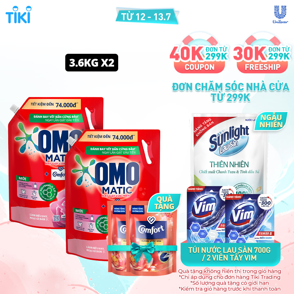 Combo 2 túi Nước giặt OMO Matic Comfort Hương Hoa Hồng Ecuador cho máy giặt cửa trên, túi 3.6kg + 2 Nước Xả Comfort 120ml Ngẫu Nhiên