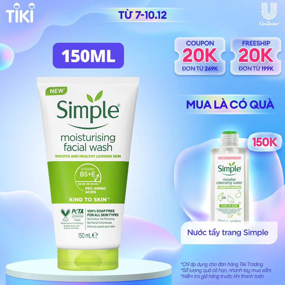 Sữa rửa mặt Simple giúp cấp ẩm, da trông khỏe và mịn màng - cho da khô nhạy cảm 150ml [CHÍNH HÃNG ĐỘC QUYỀN] [MỚI]