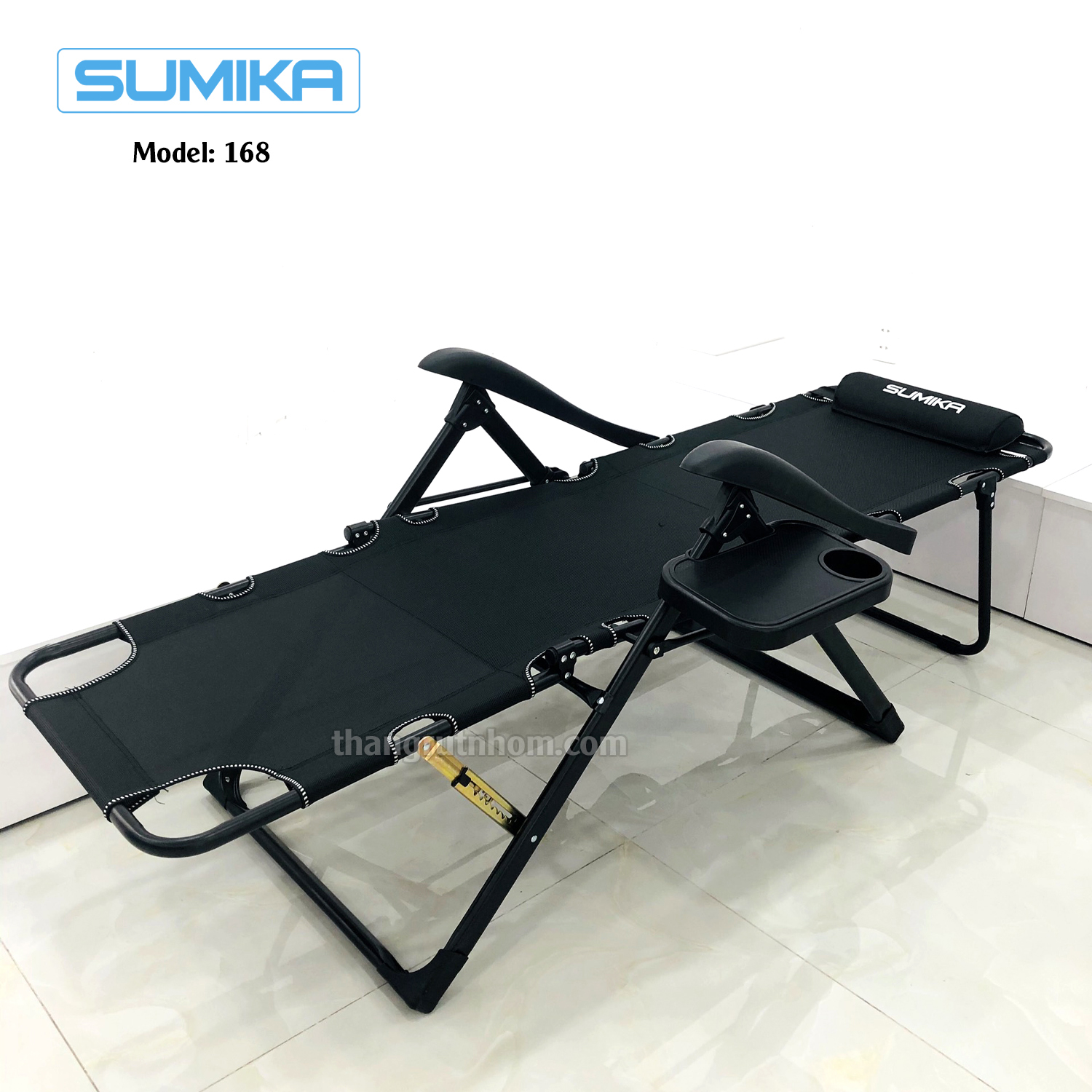 Ghế xếp thư giãn cao cấp SUMIKA 168 - Có thể ngã thành giường nằm, vải lưới Textilene thoáng khí, gối có thể tháo rời, tải trọng 300kg, khung ghế bằng thép không gỉ, đế chống trượt