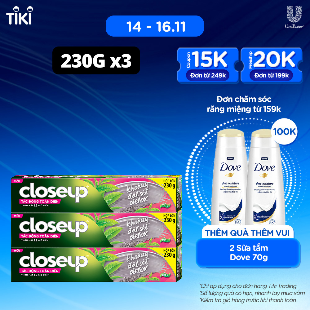 Combo 3 Kem đánh răng Closeup Trắng Răng Tự Nhiên Khoáng Đất Sét Detox 230G/Tuýp