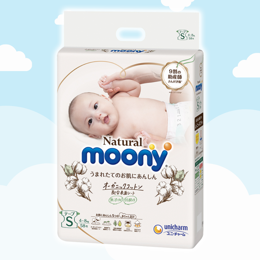 COMBO 2 Bỉm - Tã dán Moony Natural size S- 58 miếng (cho bé 4-8kg)