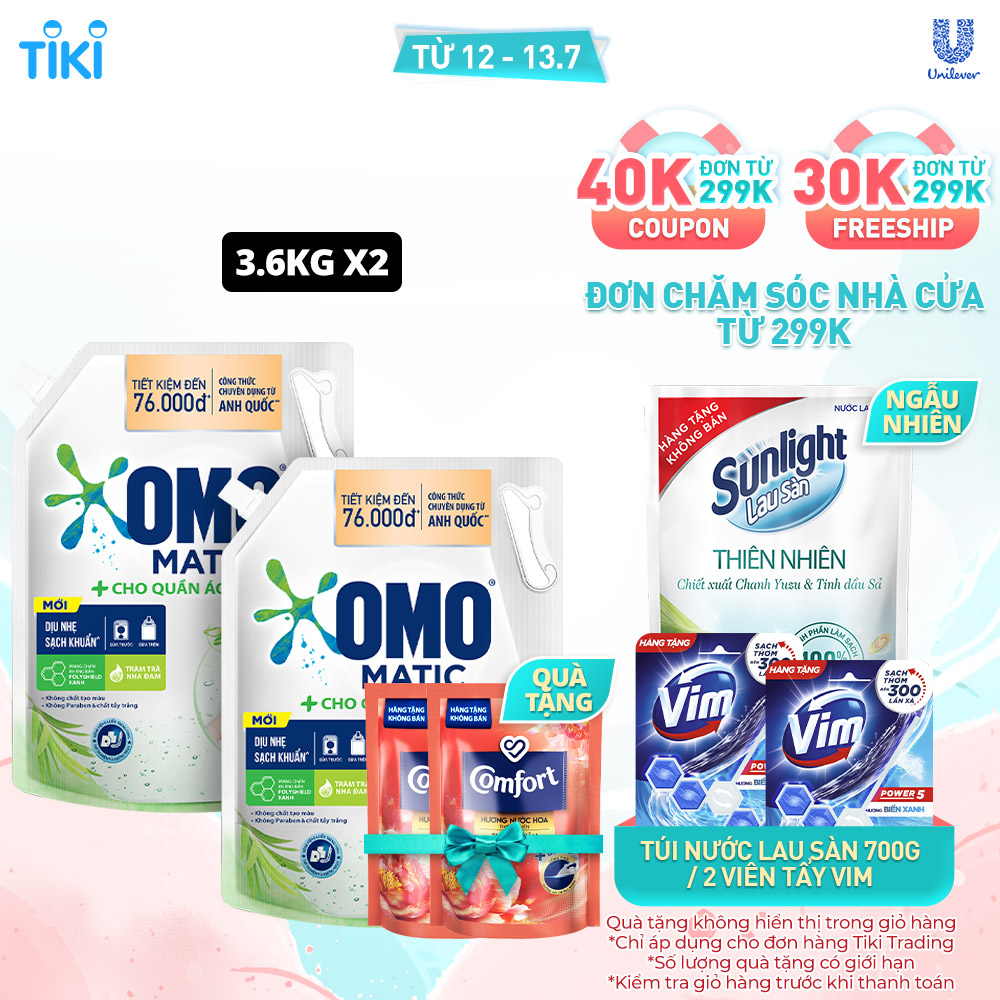 Combo 2 TúI Nước Giặt Omo Matic Cho Quần Áo Bé Yêu Chiết Xuất Tràm Trà Và Nha Đam Dịu Nhẹ, Sạsh Khuẩn , túi 3.6Kg + 2 Nước Xả Comfort 120ml Ngẫu Nhiên