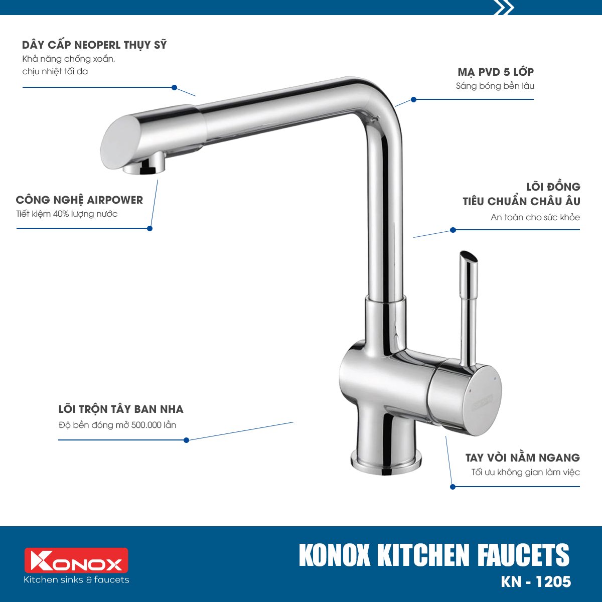 Vòi rửa bát Konox, Model KN1205 , Inox 304AISI tiêu chuẩn châu Âu, mạ PVD 5 lớp sáng bóng Hàng chính hãng