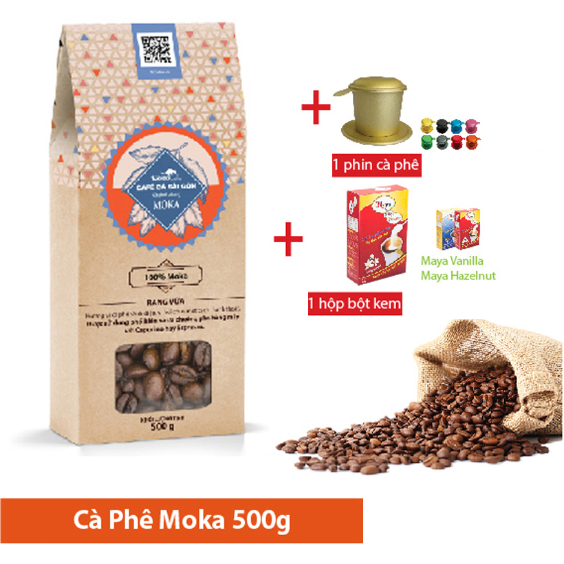 Combo: 1 hộp cà phê hạt rang Moka + 1 hộp bột kem pha cà phê + 1 phin cà phê cao cấp