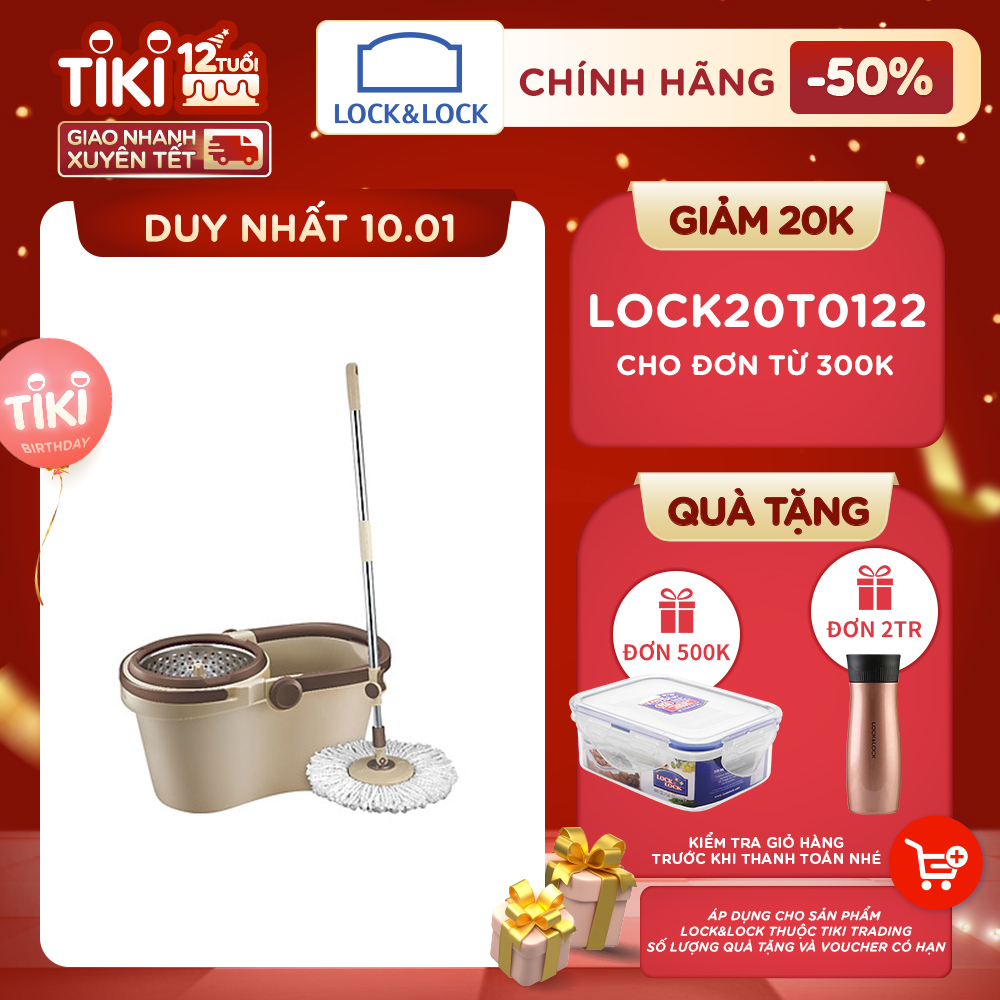 Bộ Cây Lau Nhà Xoay Tay Compact Spin Mop Lock&amp;Lock ETM466: Thùng Giặt + Cây + Bông Lau