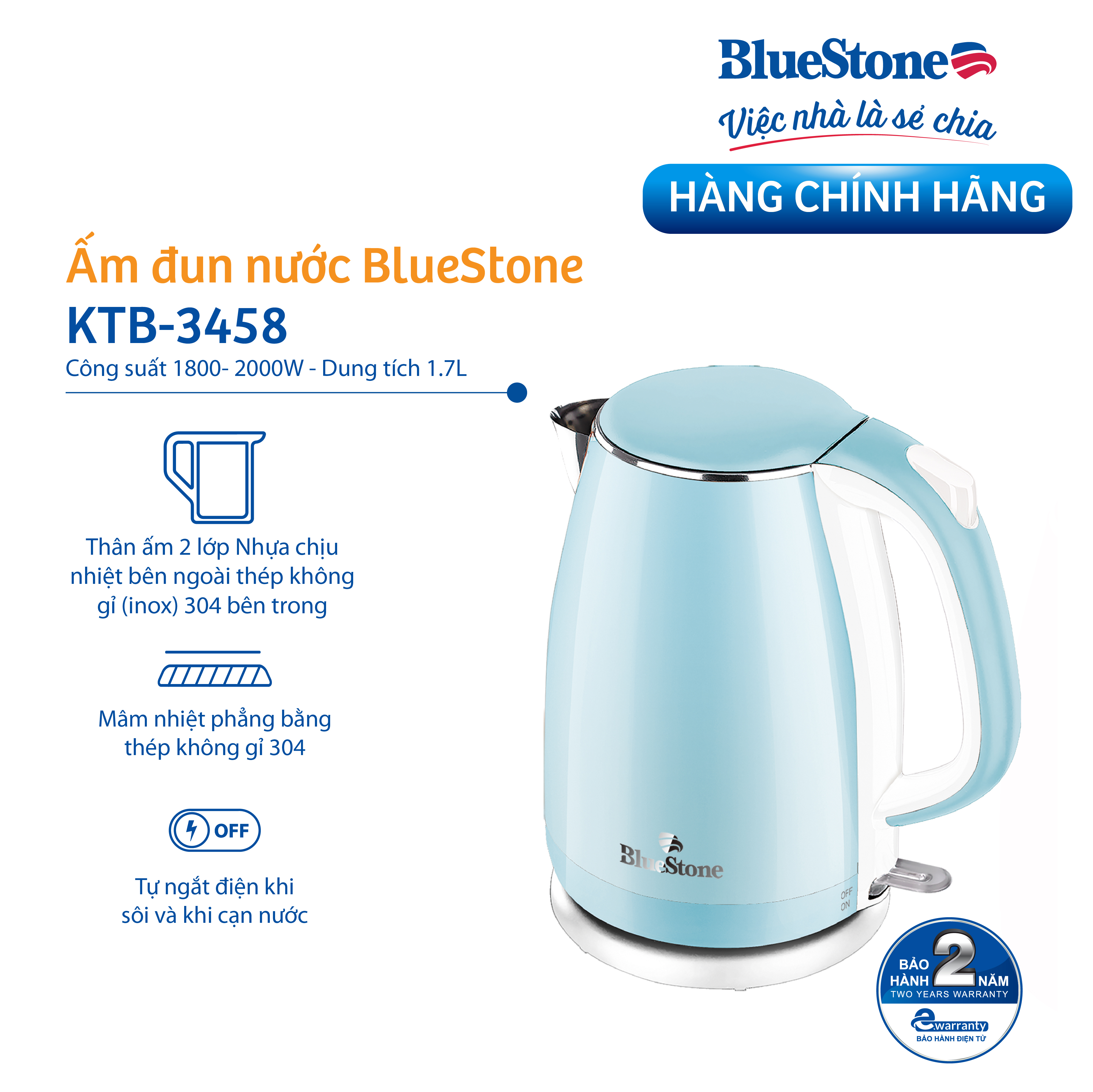 Ấm Đun Nước Bluestone KTB-3458 (1.7 Lít) - Hàng Chính Hãng