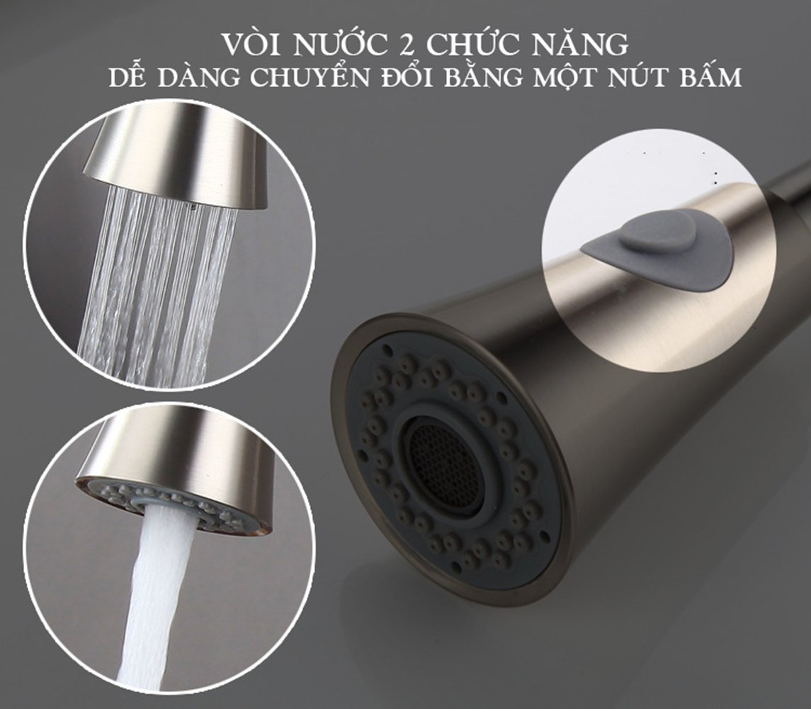 Vòi rửa chén bát dây rút cao cấp inox 304 KAMA VNL23L - Vòi nóng lạnh inox 304 dùng cho mọi bồn rửa chén bát nhà bếp, dây rút tiện dụng, 2 chế độ nước - Hàng chính hãng