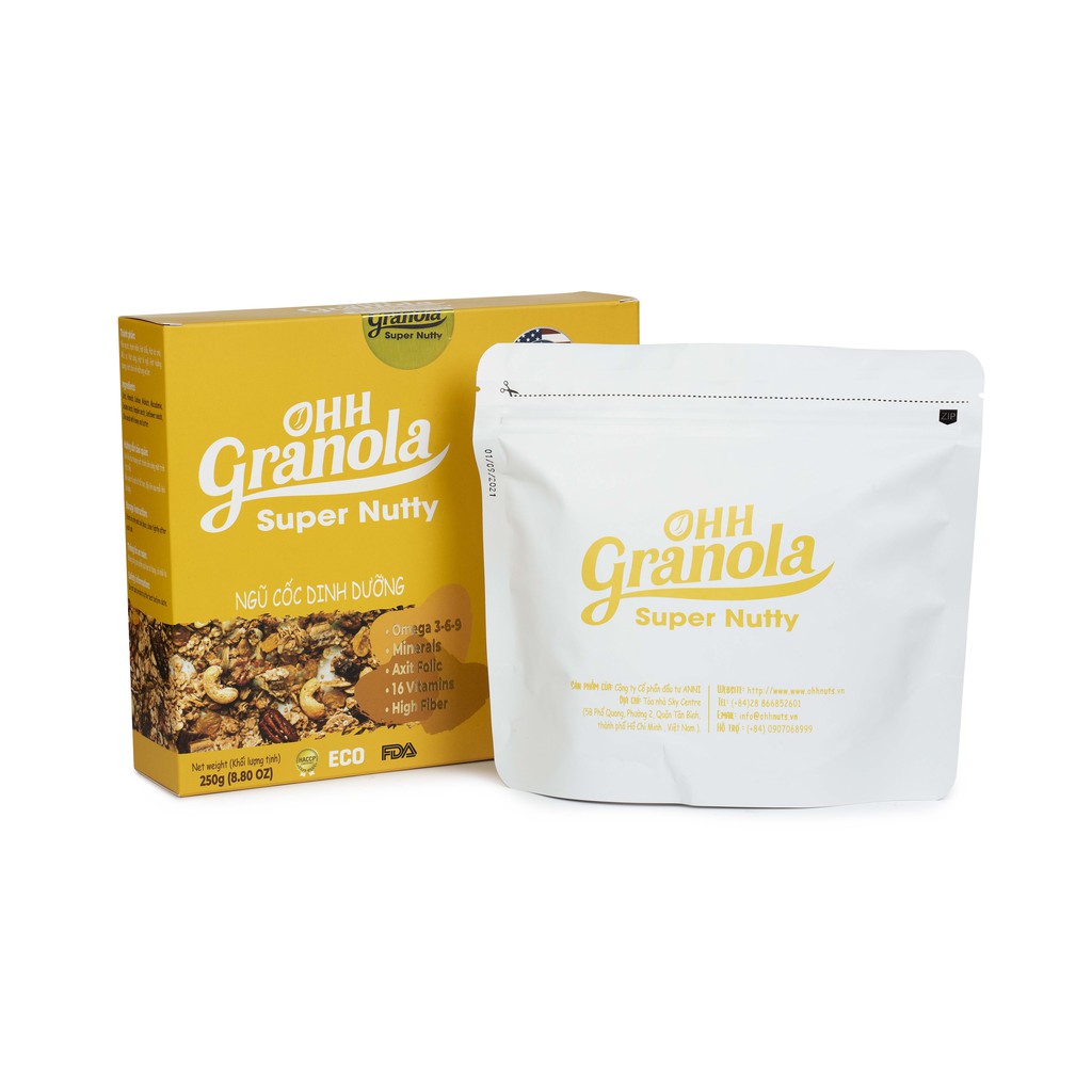 Snack Ăn Liền - Ngũ Cốc  Hạt Siêu Dinh Dưỡng Dòng Super Nutty (Ohh Granola) 250g, Phối Trộn 7 Loại Hạt Cao Cấp Theo Tiêu Chuẩn FDA - Hoa Kỳ