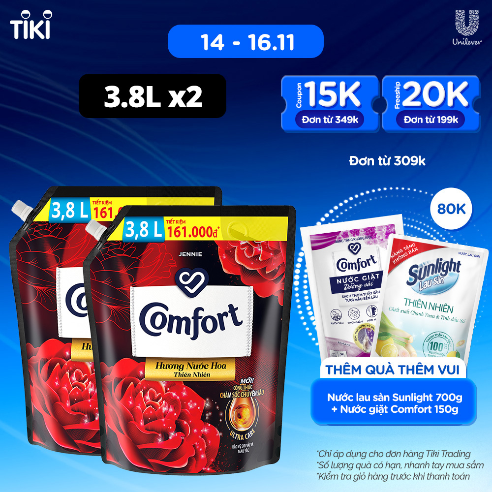 Combo 2 Túi Nước xả làm mềm vải Comfort Hương Nước Hoa Thiên Nhiên Jennie Túi 3.7L