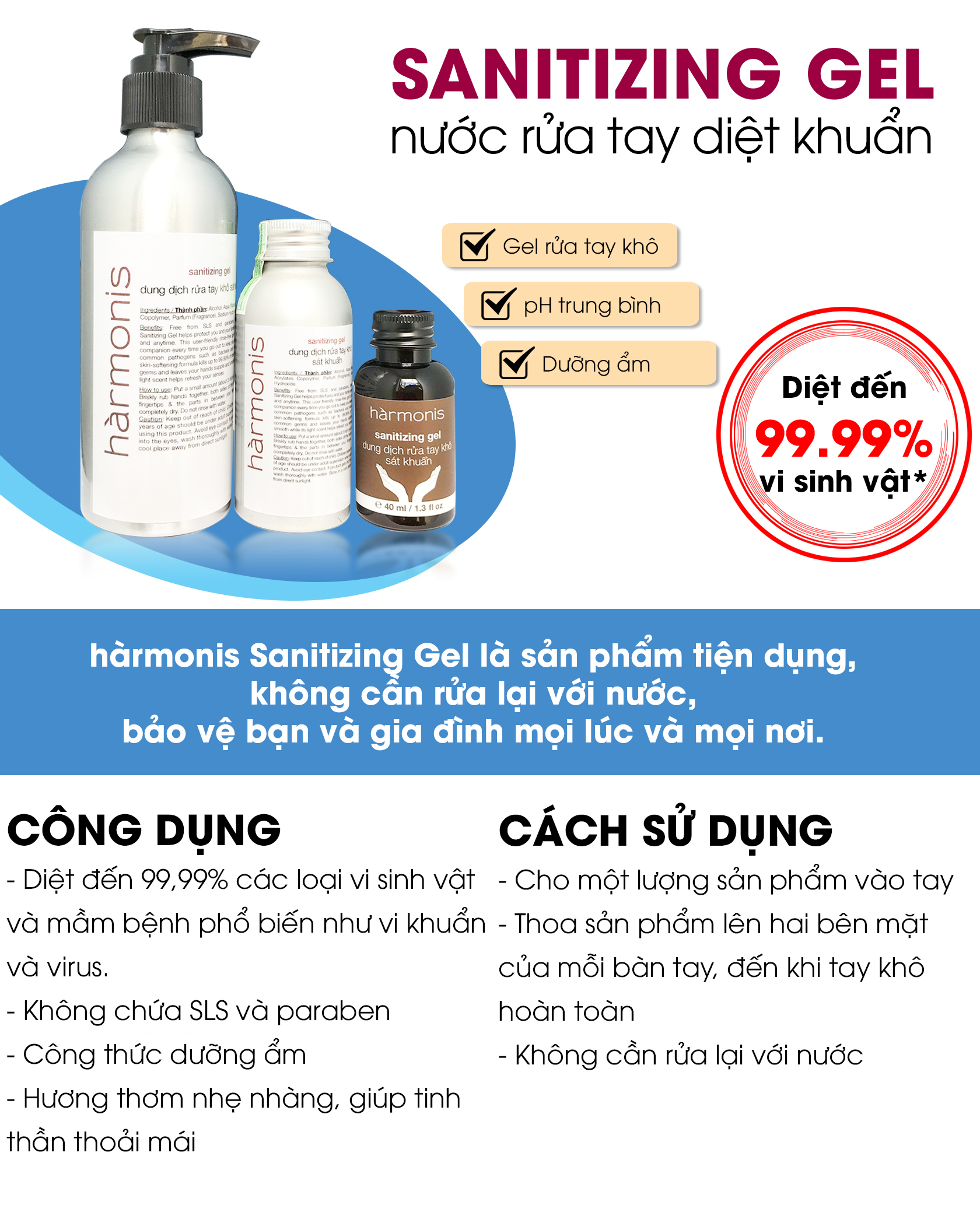 Nước rửa tay khô hàrmonis Hand Sanitizing Gel, diệt khuẩn 99.9%, không gây khô da, không chứa Paraben, SLS 230ml