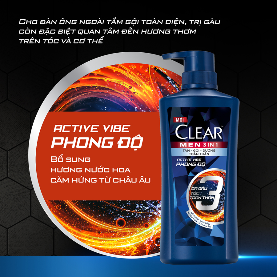 Dầu Tắm - Gội - Dưỡng Phong Độ 3 trong 1 cho nam 630g Clear Men Active Vibe Phong Độ bổ sung hương nước hoa từ châu Âu