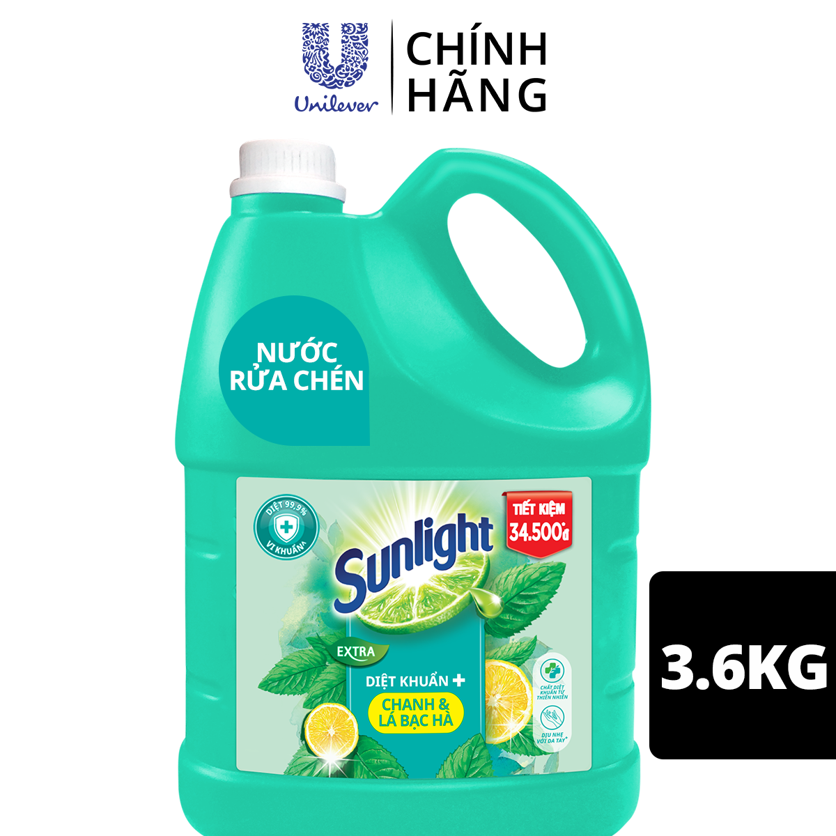 Nước Rửa Chén Bát Sunlight Diệt Khuẩn Chiết xuất Chanh và Lá Bạc Hà 3.6kg